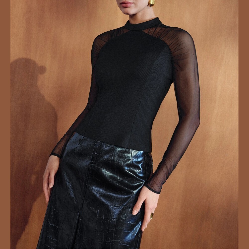 Black Mesh Long Sleeve Ruched Yoke Mock Neck Slim Fit Tee Top